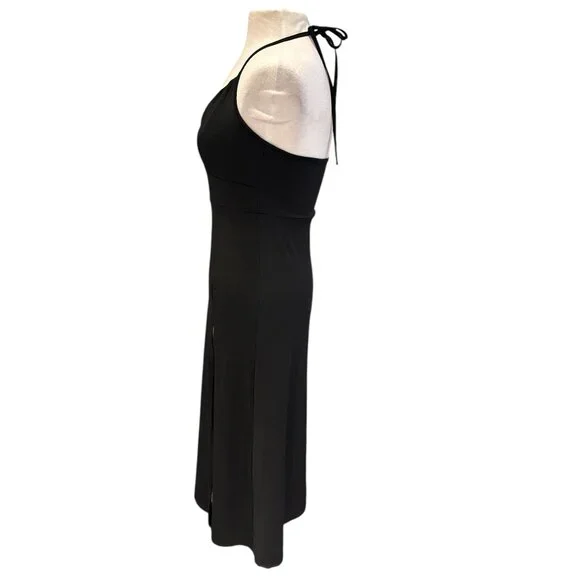 Black Halter Midi Dress With Adjustable Tie Back & Deep V-Neckline 95% Polyester - Picture 2 of 10